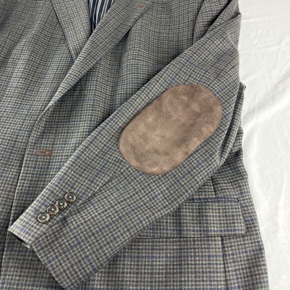 Stafford Essentials Blazer Mens 52R Gray Brown Blue Check With Elbow Patches - Picture 11 of 14